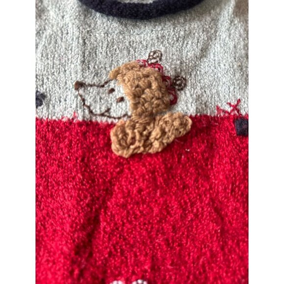 Deux Par Deux Girls Knit Sweater Teddy Bear & Heart Design Red/Navy/Gray 100% Ac - Picture 2 of 5